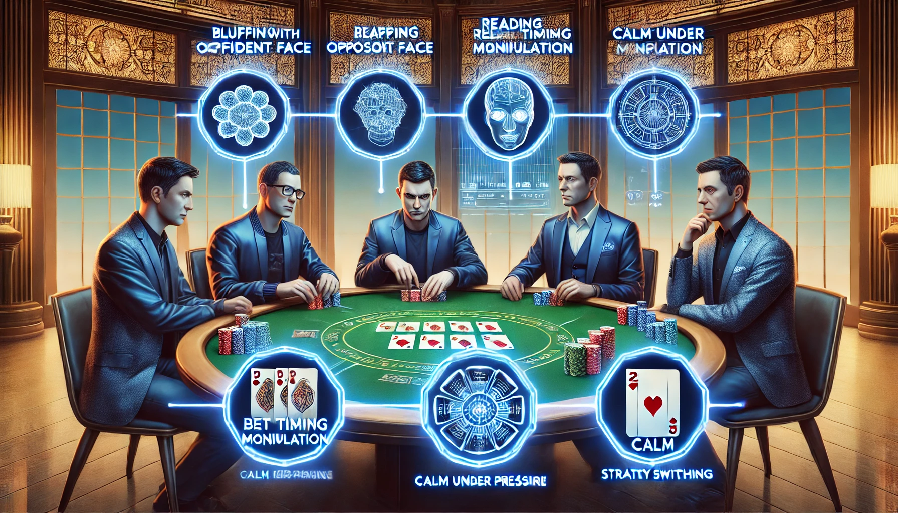 五位玩家圍繞在炸金花牌桌，透過臉部表情與心理戰術決勝負，展示五種實戰致勝技巧。